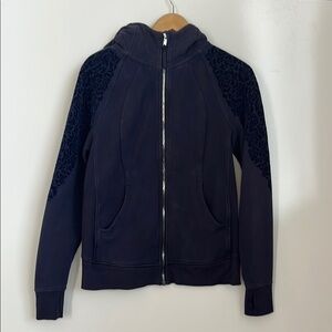 Lululemon Navy Blue Scuba Full- Zip, with velvet flowers on shoulders, Size 10.